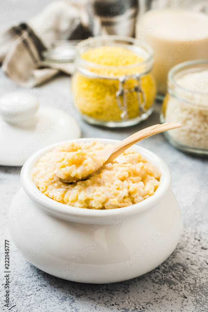 Healthy breakfast rice and millet porridge in a pot. Selective focus, space for text. Healthy breakfast rice and millet porridge in a pot. Selective focus, space for text.