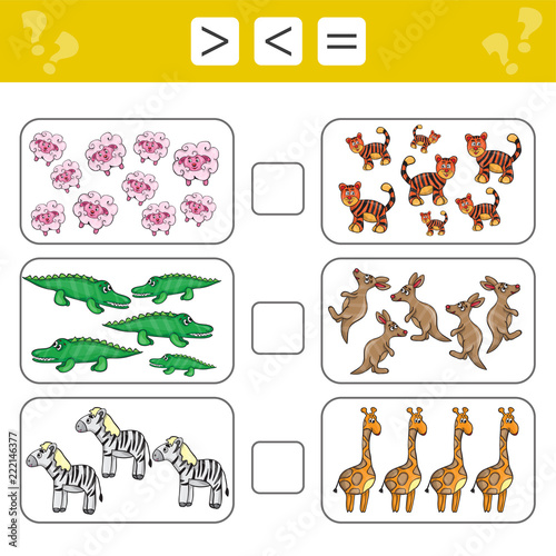 Fototapeta Naklejka Na Ścianę i Meble -  Learning mathematics, numbers - choose more, less or equal. Tasks for addition for preschool children, worksheet for kids.