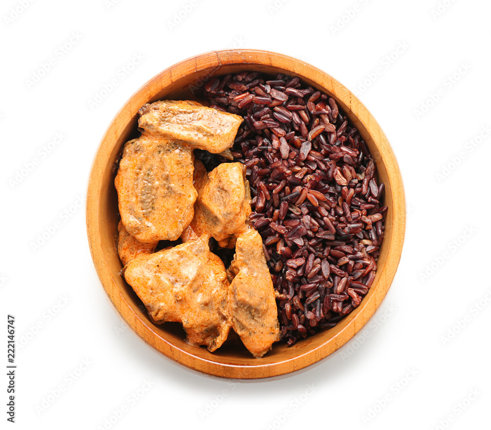 Tasty boiled wild rice with meat in bowl, isolated on white Tasty boiled wild rice with meat in bowl, isolated on white