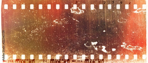 Grunge scratched red film strip frame. Design element.