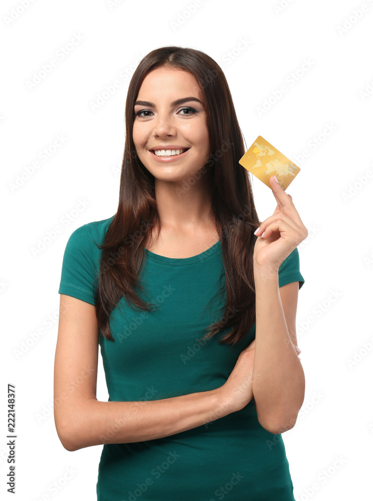 Young woman with credit card on white background. Online shopping Young woman with credit card on white background. Online shopping