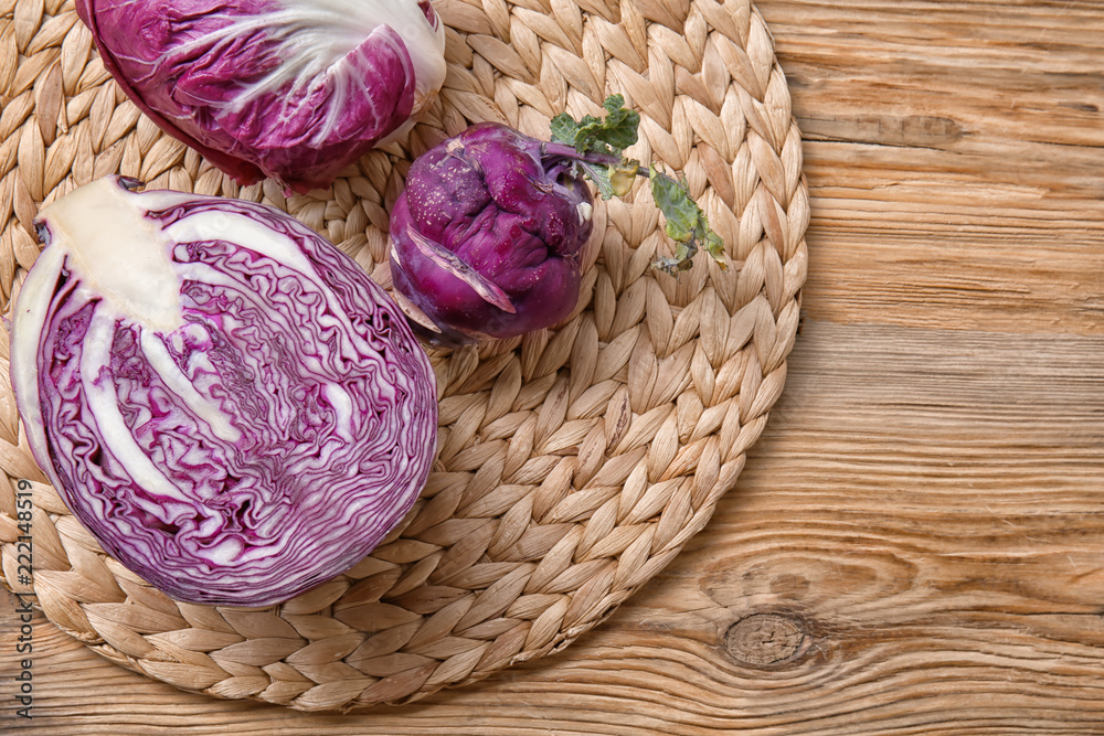Red cabbage and kohlrabi on wooden table Red cabbage and kohlrabi on wooden table