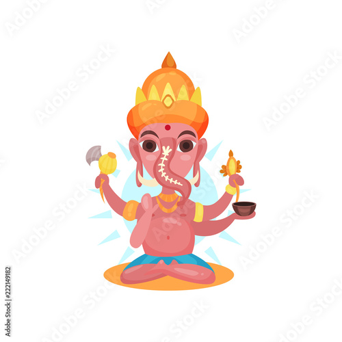 Ganesha Indian god of wisdom and wealth cartoon vector Illustration on a white background