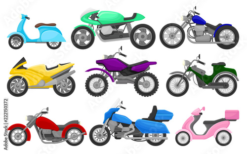 Flat vector set of colorful motorcycles and scooters. Vintage and fast sport bikes. Two-wheeled motor vehicles