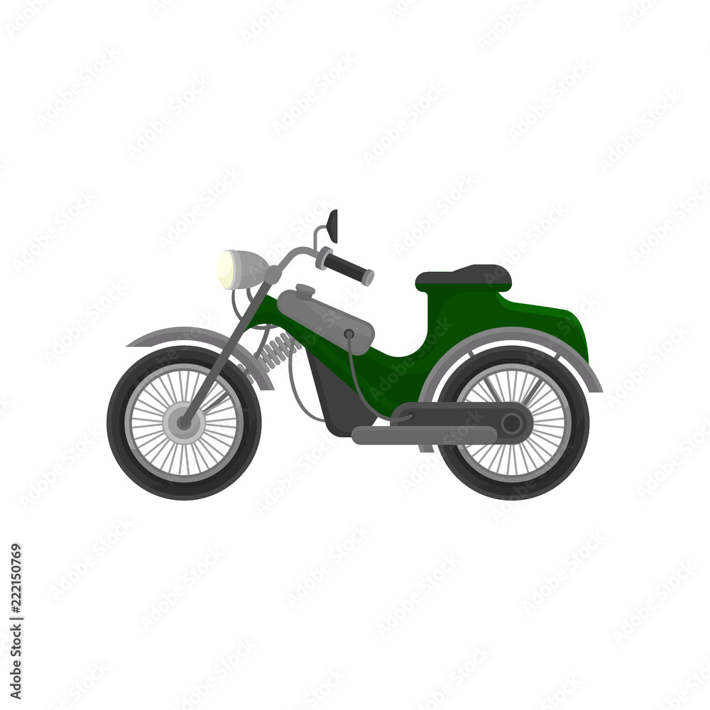 Vintage green-gray motorcycle. Small road transport. Motor vehicle with two wheels. Flat vector design