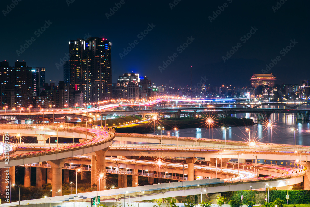 Car Light Trails of New Taipei Bridge - Busy Taipei bridge after working hours