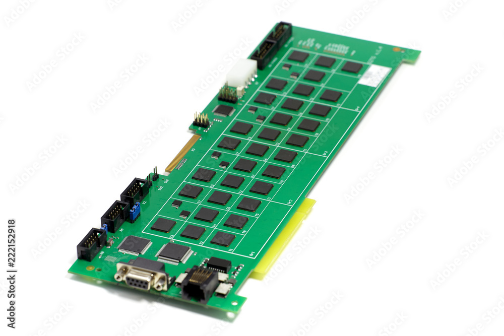 Electronic printed circuit board with chips and other components, green color, front side, angled view, isolated on white background Electronic printed circuit board with chips and other components, green color, front side, angled view, isolated on white background