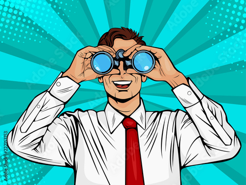 Businessman looking through binoculars. Surprised man with open mouth. Colorful vector background in pop art retro comic style.