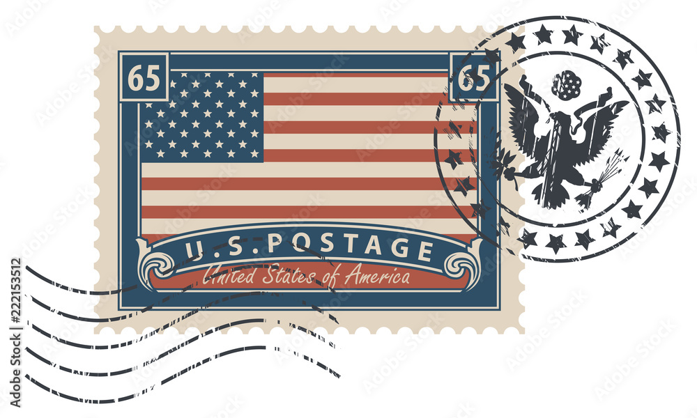 Naklejka premium Postage stamp with inscriptions and image of the American flag. Vector illustration of USA stamp with a scratched print.