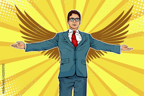  Businessman with widely spread arms and wings. Business angel, investmentor or sponsor concept. Vector illustration in pop art retro comic style
