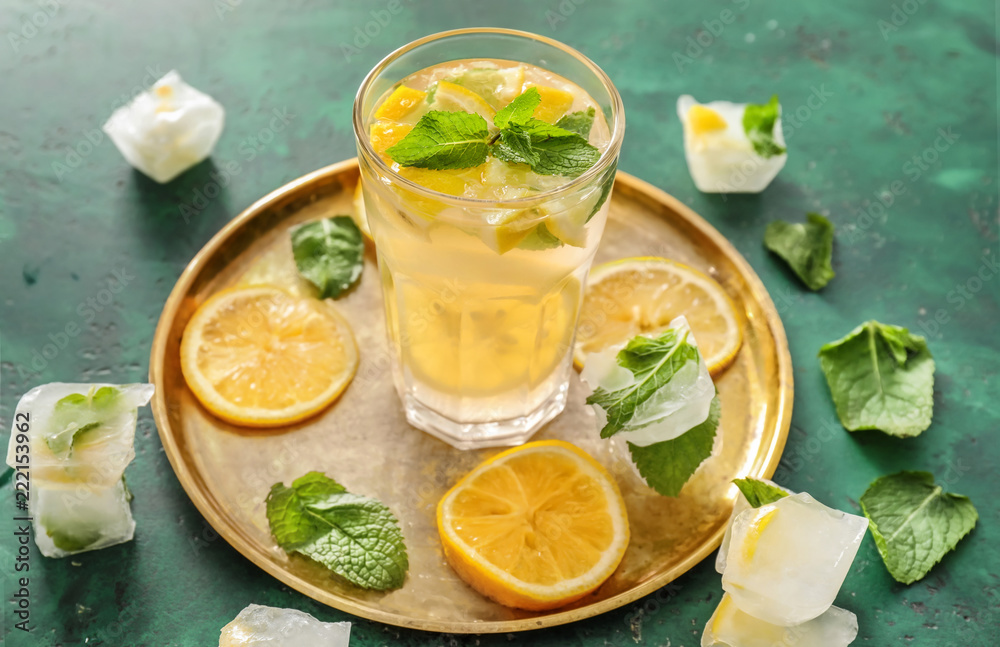 Glass of fresh lemonade on metal tray Glass of fresh lemonade on metal tray
