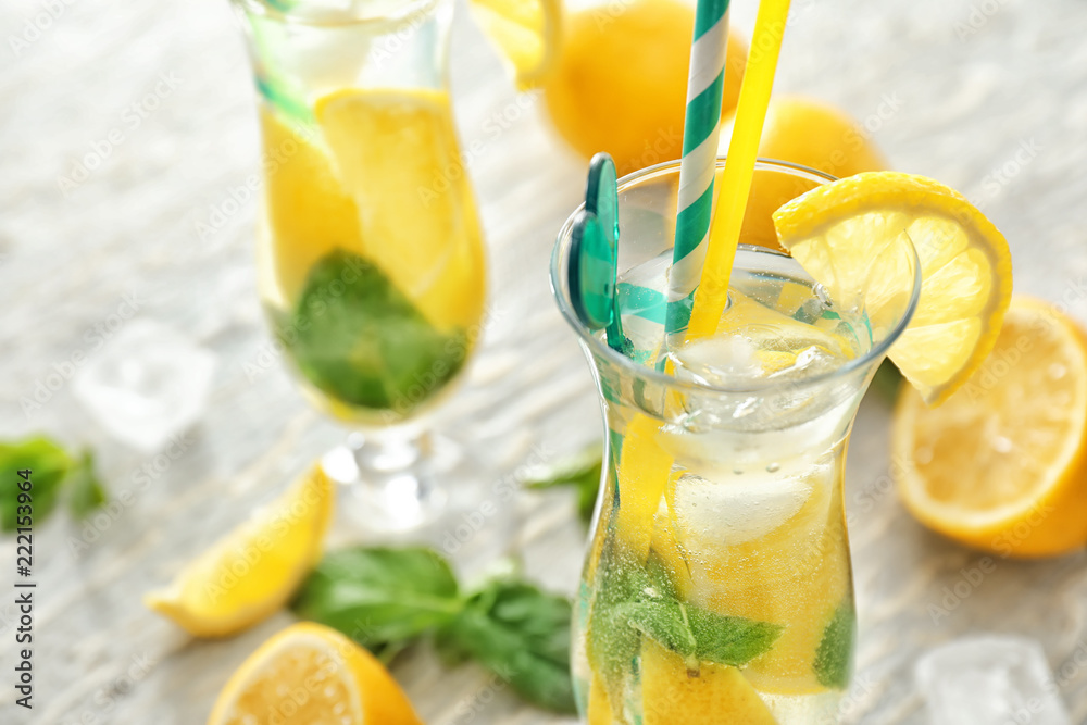 Glass of fresh lemonade on table Glass of fresh lemonade on table