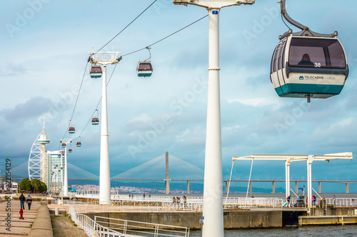 Lisbon, Portugal, Parque das Naçõe, cableway near oceanarium and Vasco De Gama tower