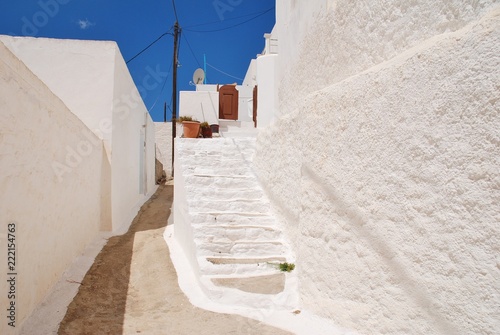 The whitewashed buildings of Megalo Chorio on the Greek island of Tilos. The village is the Capital of the island which has a population of around 780 people.