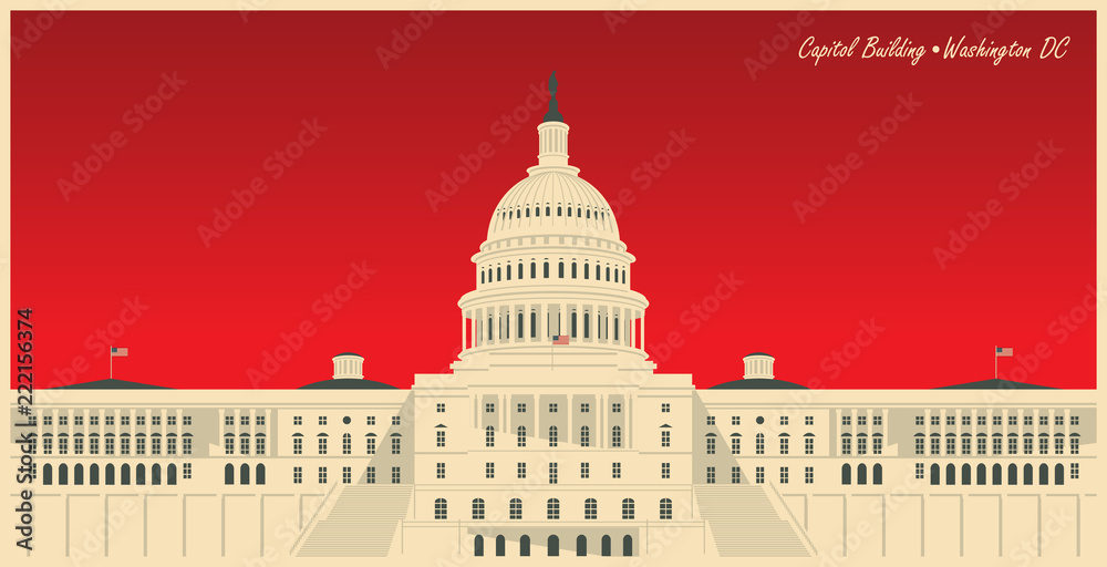 Vector banner with US National Capitol building in Washington, DC. American landmark. The Western facade of the Capitol