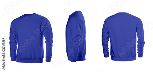 Blue men's sweatshirt with long sleeves in rear and side views