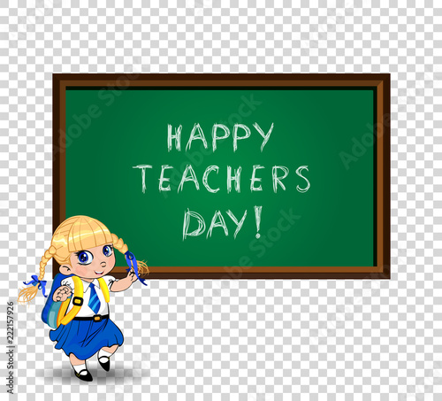 Happy teachers day greeting card clip art with cute cartoon schoolgirl isolated