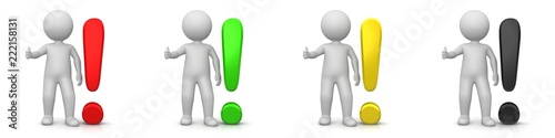 exclamation mark 3d exclamation point red green yellow black stick man figure thumb up ok sign isolated