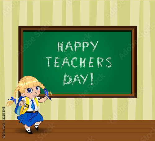 Happy teachers day greeting card with cute cartoon school girl in class room