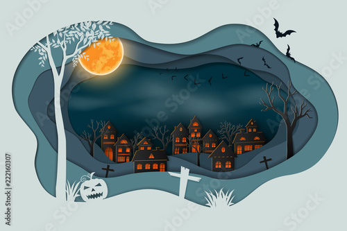 Paper art of happy halloween,Bats flying in the sky above dark village background
