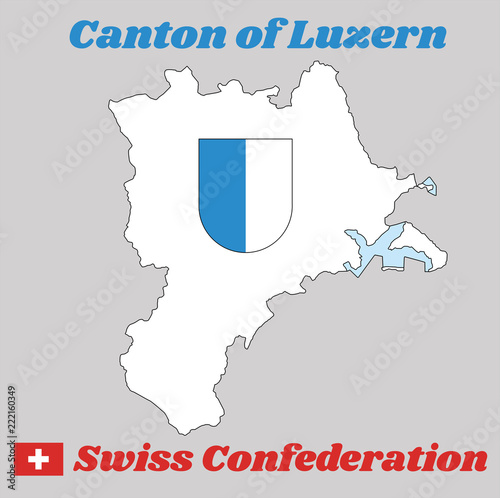 Map outline and Coat of arms of Lucerne, The canton of Switzerland with name text Canton of Luzern and Swiss Confederation.