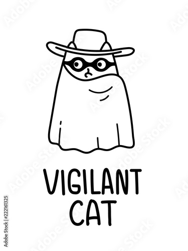 A Vector Cartoon Drawing Of An Avenger Cat With A Hat, Mask and a Cape