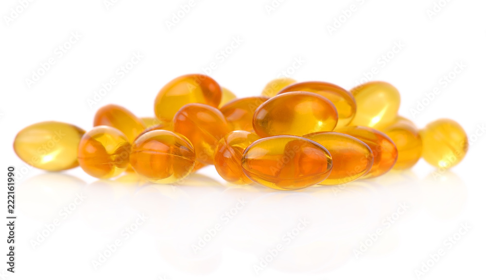 Cod liver oil omega 3 gel capsules isolated on white Cod liver oil omega 3 gel capsules isolated on white