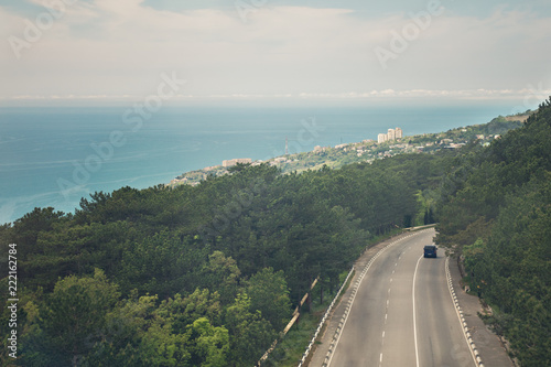 Highway in the mountains  the road leading to the sea. Dangerous bend. View from above. Alupka Crimea
