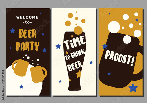 Beer party. Set of flyers. Illustration of beer glasses.