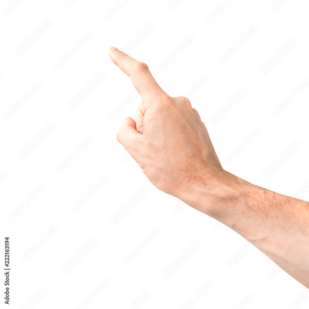 Female hand touching or pointing finger to something isolated on white background Female hand touching or pointing finger to something isolated on white background