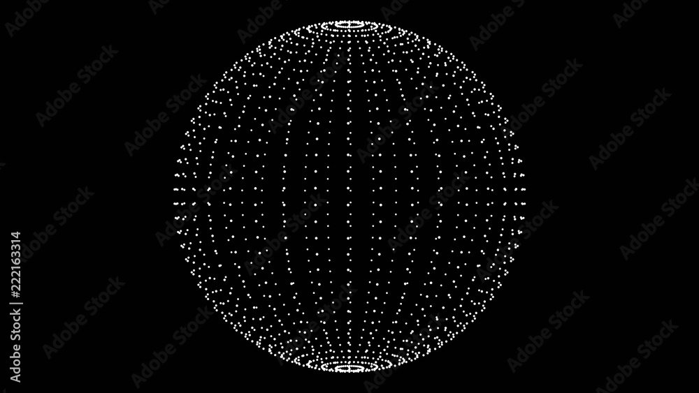 Computer graphics ball of white dots. Design sphere on a black background.