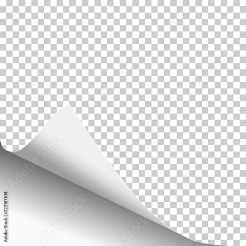 Transparent paper sheet with curled corner in lower left corner and white background under it. Template paper design. Vector illustration.