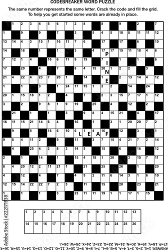 Puzzle page with codebreaker (codeword, code cracker) word game or crossword puzzle for grown-ups. General knowledge, some words already in place, medium level. Answer included.
