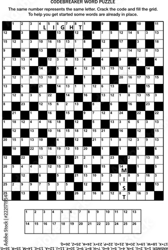 Puzzle page with codebreaker (codeword, code cracker) word game or crossword puzzle for grown-ups. General knowledge, some words already in place, medium level. Answer included.
