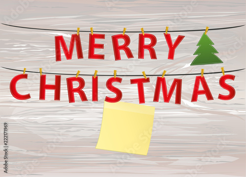 Letters and the inscription of a merry Christmas hang on clothespins on a rope. Vector on wooden back. Festive garland. Greeting card . Yellow sheet of paper for notes. Sticker.