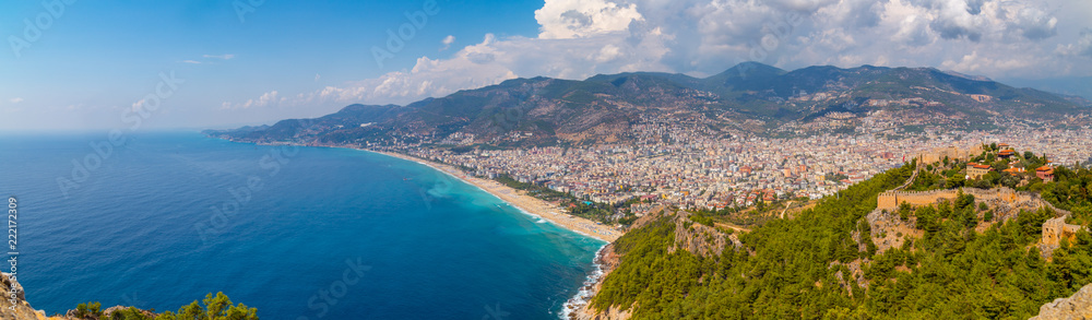 Fototapeta premium Western Alanya, Tyrkey panorama in high resolution observed from a Fortress of Alanya