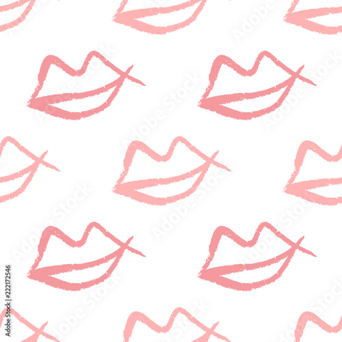 Repeating outlines of lips drawn by hand with rough brush. Cute seamless pattern. Sketch, watercolor, graffiti. Simple girlish print.