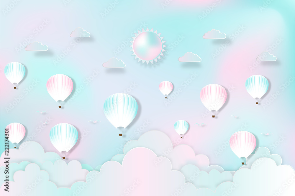 Hot air balloons on the pastel sky background as design paper art and craft style concept. vector illustration