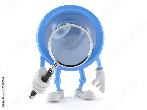 Condom character looking through magnifying glass