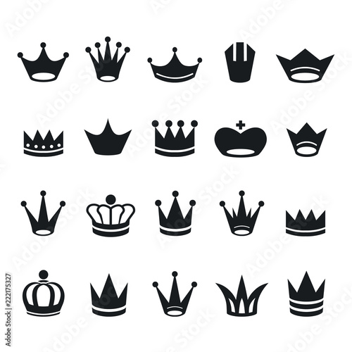 Set of monochrome crown icons, isolated on white background. Vector illustration.