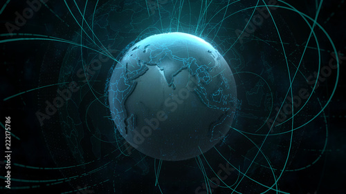 3d detailed render of Earth globe. Technology theme. Complex globe form with arcs that go from one point of planet to other. Internet and information background.