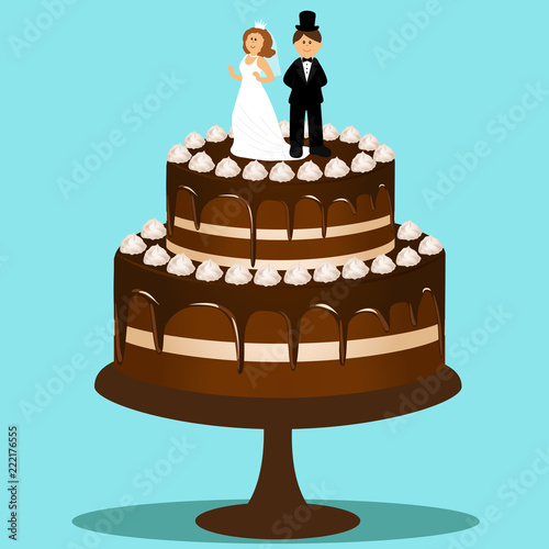 Wedding cake with bride and groom figurine. Bride and groom. 