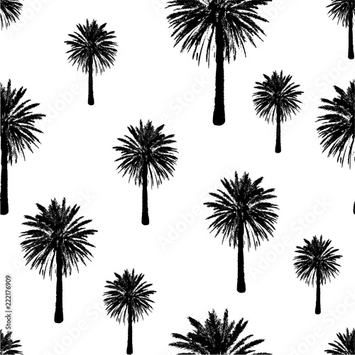 Hand drawn palm trees seamless pattern. Exotic trendy background with tropical coconut palm tree.