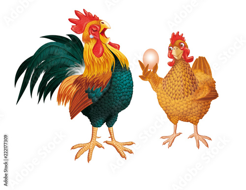 coq doré, coq gaulois, coloré, mascotte, poule dorée, oeuf, couple, illustration © behzadillustrations