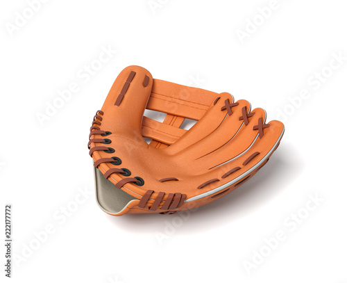 Photography 3d rendering of a single orange baseball glove lying on a white background