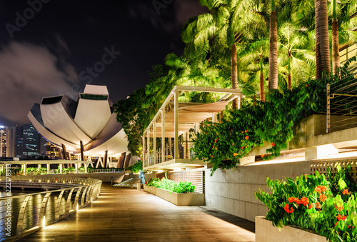 Beautiful night view of wooden walkway along Marina Bay photo