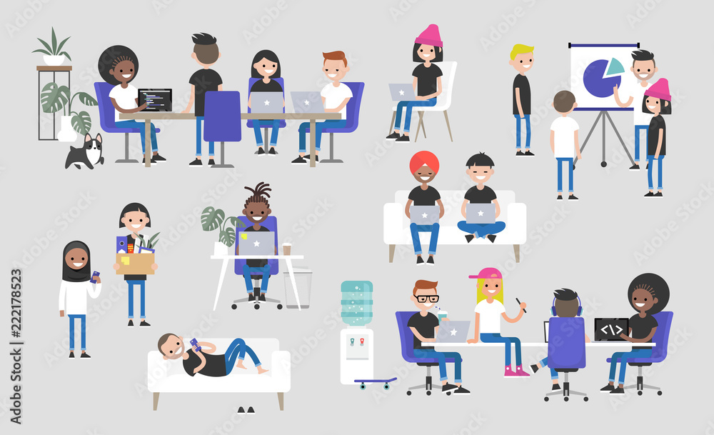 Big business set. Co-working space. Office life. Diversity collective. Startup. Millennials at work. Generation z. Technologies. Project management. Flat editable vector illustration, clip art