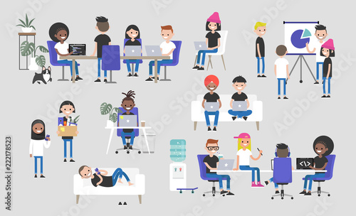 Big business set. Co-working space. Office life. Diversity collective. Startup. Millennials at work. Generation z. Technologies. Project management. Flat editable vector illustration, clip art