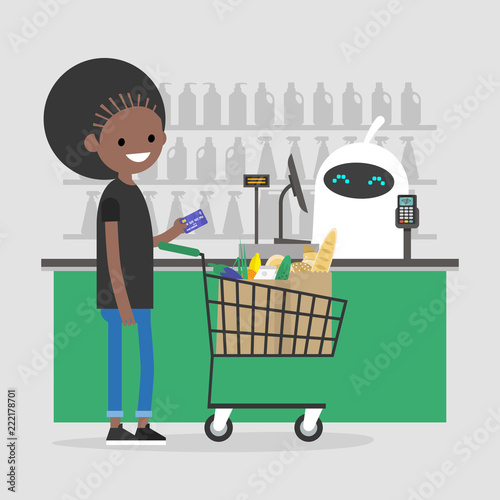 Artificial intelligent. Automatic payment system. Robot at the cash register in a supermarket. Futuristic technologies. Machine learning.