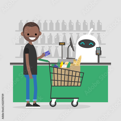 Artificial intelligent. Automatic payment system. Robot at the cash register in a supermarket. Futuristic technologies. Machine learning.